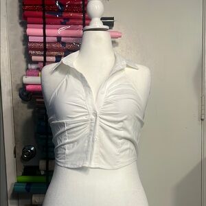 White Sleeveless Collared Crop Top